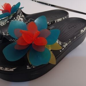 CROCS Black Sandals with Multicolor Floral Accents